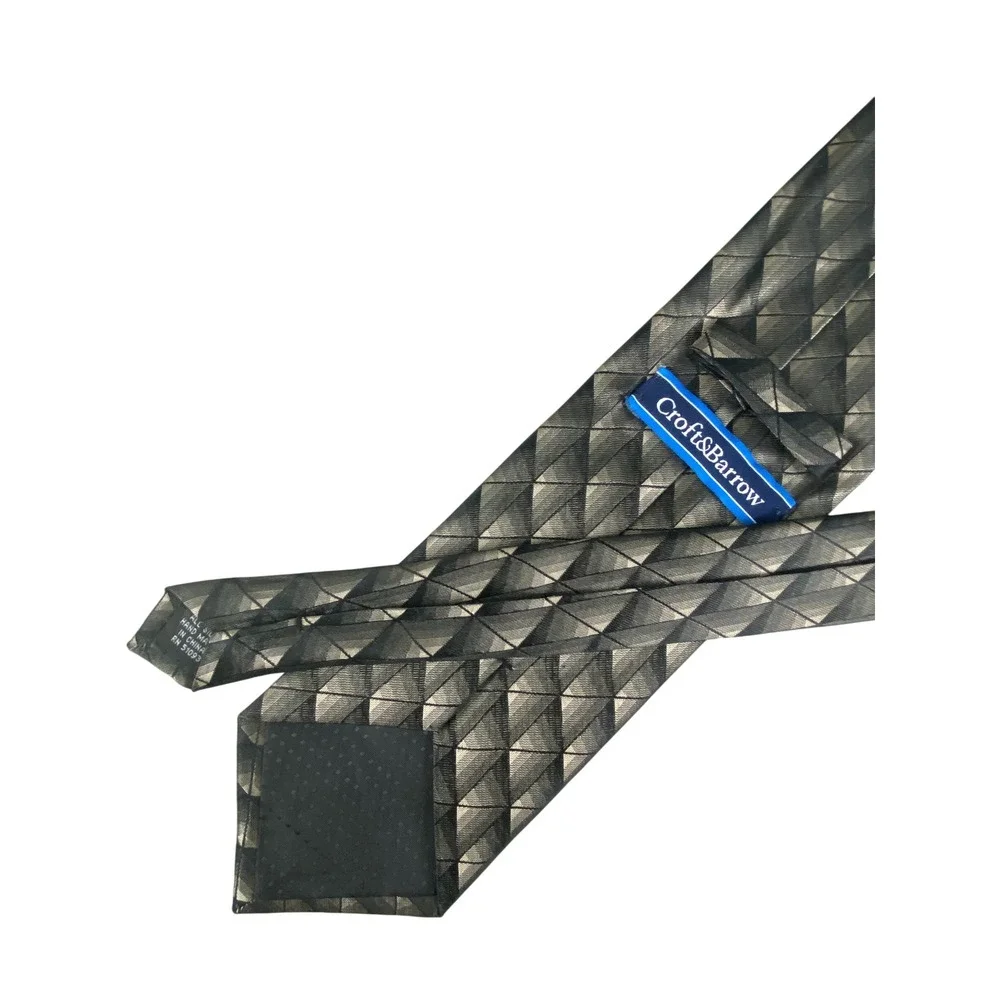 VTG Croft & Barrow Mens Silk Tie Black Gold Bronze Geometric Long Grid 60x4